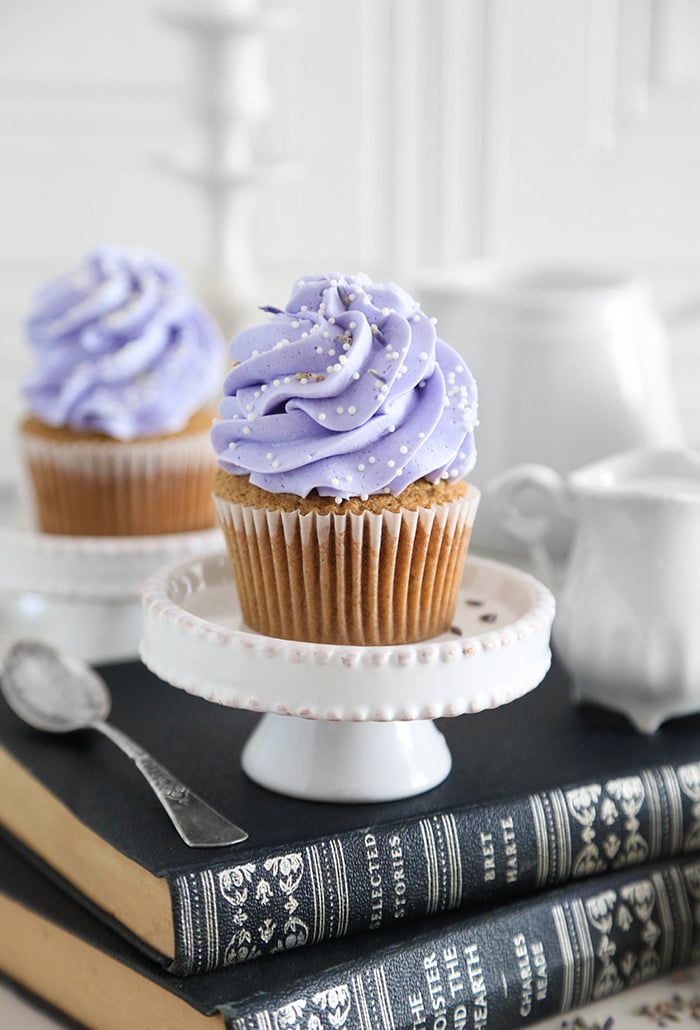 Earl Grey tea infused London Fog cupcake topped with lavender buttercream