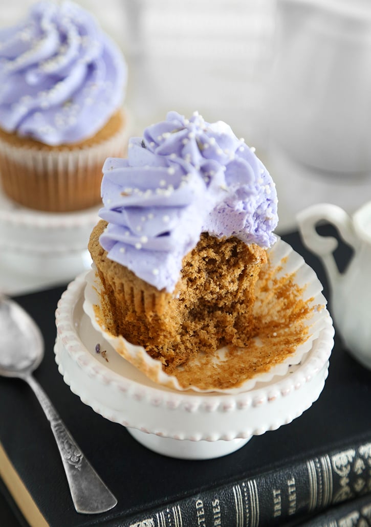 Close-up of lavender London Fog cupcake with Earl Grey frosting swirl